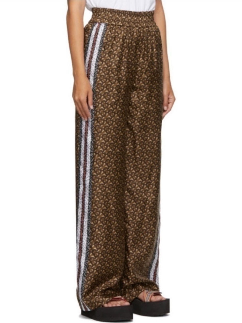 Burberry Brown Monogram Wide-Leg Track Pants with Side Stripes